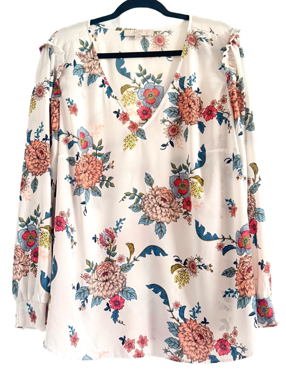 LOFT White Floral V-Neck Blouse with Pink & Blue Flowers Sz 20